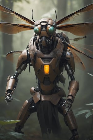 Ethereal portrait of dragonfly creature with details of a robot dragonfly, the full robot body, brown highlights,is climb on a tree. inspired by the style of Peter Lindberg and Lee Jeffries.