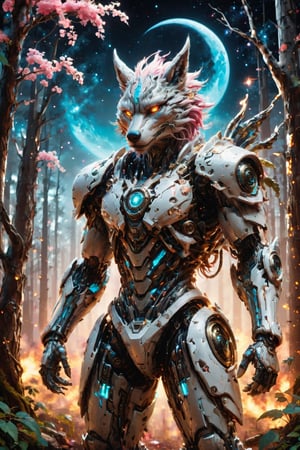 Anthropomorphic gray wolf, (looked from behind), showing his back with a shield on it, the gray wolf has cyan eyes looking at the sky, the sky is full of stars and colorful clouds, the gray wolf is a Cyborg , wearing a white and cyan samurai clothing in battle pose , hide among a forest of pinked leaves trees, with fireflies and fog and only moonlight in the left side of his body, with wounds and scratches, jacked body, Slender, Skinny, full body shot, really wide Angle, octane render RTX, render, realistic render, cinematic lighting, slim body, with an (Japanese red and white color temple at the background: 0.75).