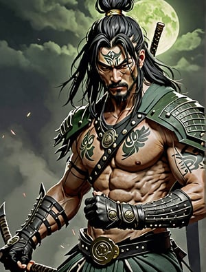 White Japanese man, with dark green long hair, green and long and tick beard, with a scar in his right closed eye, wearing a dark green and black and white samurai clothing in battle pose, hide in the dark, with fog and only moonlight in the left side of his body, with wounds and scratches and tribal tattoos , musculated, Slender, Skinny, full body shot, wide Angle, octane render RTX, render, realistic render, cinematic lighting, ultra-detailed, muscular body, wearing black leather gloves. 