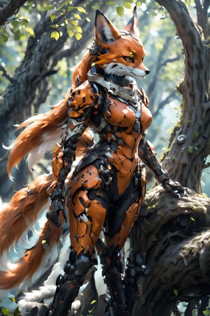 Ethereal portrait of an anthropomorphic lady fox creature with details of a robot lady fox, the full robot body, brown highlights,is climb on a tree. Full body shot, wide Angle, looked from behind with long tail. 