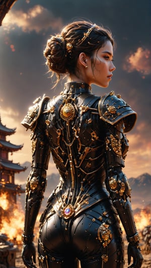  woman wearing a black samurai clothing, looked from behind, looked from the back, with her back straight, masterpiece, sharp focus, best quality, depth of field, cinematic lighting, ((solo, landscape )), (illustration, 8k CG, (extremely detailed), masterpiece, ultra-detailed, one girl, (crystals:1.2), (shining:1.1), (multicolors:1.3),  soaking wet, full body shot. 