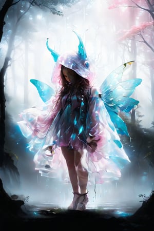 Ethereal portrait of a fairy creature with details of a female fairy, the full lady fairy body, suspended in the air, brown highlights,is climb on a tree. Full body shot, wide Angle, looked from behind with long hair, in the middle of a Japanese forest, with a lot of fog around, with a lot of pink leeves. The dress that the fairy is wearing is color cyan, with white and black stripes. 