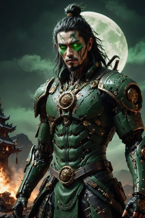 White Japanese man, with dark green long hair, green and long and tick beard, with a scar in his right closed eye, wearing a dark green and black and white samurai clothing in battle pose, hide in the dark, with fog and only moonlight in the left side of his body, with wounds and scratches and tribal tattoos , musculated, Slender, Skinny, full body shot, wide Angle, octane render RTX, render, realistic render, cinematic lighting, ultra-detailed, muscular body, wearing black leather gloves. 