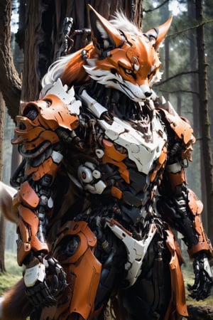 Ethereal portrait of an anthropomorphic fox creature with details of a robot fox, the full robot body, brown highlights,is climb on a tree. Full body shot, wide Angle. 