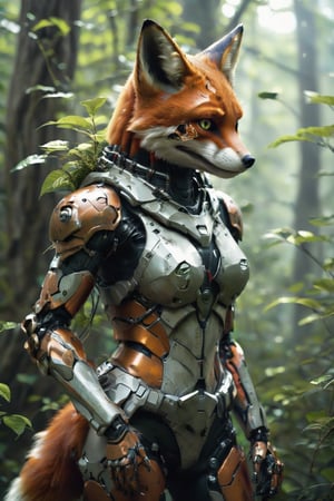 Ethereal portrait of an anthropomorphic lady fox creature with details of a robot lady fox, the full robot body, brown highlights,is climb on a tree. Full body shot, wide Angle, looked from behind with long tail. 