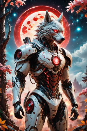 Anthropomorphic gray wolf, looked from behind, showing his back with a shield on it, the gray wolf has cyan eyes looking at the sky, the sky is full of stars and colorful clouds, the gray wolf is a Cyborg , wearing a white and cyan samurai clothing in battle pose , hide among a forest of pinked leaves trees, with fireflies and fog and only moonlight in the left side of his body, with wounds and scratches, jacked body, Slender, Skinny, full body shot, really wide Angle, octane render RTX, render, realistic render, cinematic lighting, slim body, with an Japanese red and white color temple at the background.