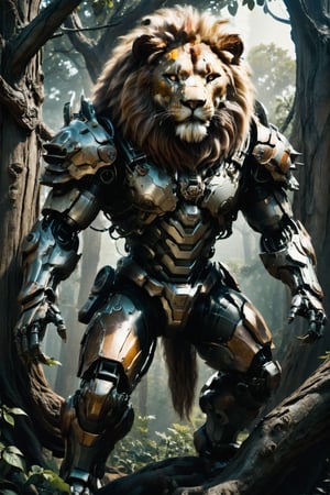 Ethereal portrait of an anthropomorphic lion creature with details of a robot lion, the full robot body, brown highlights,is climb on a tree. Full body shot, wide Angle. In a fighting pose. 