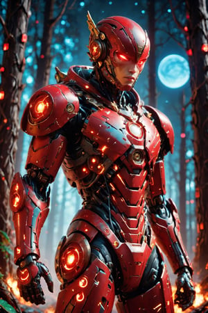 teenage warrior boy [The Flash] , the warrior has cyan eyes looking at the sky, the sky is full of stars and colorful clouds, the teenage warrior boy is a Cyborg , wearing a red and cyan samurai clothing in crouching pose and a long metal cape in his back, hide among a forest of pinked and white leaves trees, with fireflies and fog and only moonlight in the left side of his body, with wounds and scratches, jacked body, Slender, Skinny, full body shot, far away Angle, octane render RTX, render, realistic render, cinematic lighting, slim body, with an Japanese red and white color temple at the background. [Wearing The flash mask] 