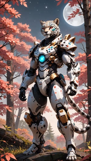 Anthropomorphic gray cheetah, the gray cheetah has cyan eyes looking at the sky, the sky is full of stars and colorful clouds, the gray cheetah is a Cyborg , wearing a white and black samurai clothing in battle pose , hide among a forest of pinked leaves trees, with fireflies and fog and only moonlight in the left side of his body, with wounds and scratches, jacked body, Slender, Skinny, full body shot, really wide Angle, octane render RTX, render, realistic render, cinematic lighting, muscular but slim body, with an Japanese red and white color temple at the background. 