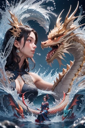 A full-body image of a 17-year-old female with a realistic face wearing Chinese clothing. She has a curvy figure and a beautiful water element. The water vapor rises around her and forms a dragon with colorful crystal water tones. The shape of the dragon is very chaotic and unstable. Additional details: solemn. , palace elements, medieval style, soft light, high details, 8k ultra-high