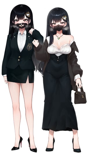 (fullbody:1.4) , highheels ,  1girl , solo , black business suit skirt ,  orgasm  , heavy breasts , soft white breasts, (sagging breasts:0.9) , blackhair , elegant , Yandere, weary, sick ,  dark circles , cool , cold , designer , fashion , sad , black mouth mask , loli ,  long-sleeved dress, cold fever , warm ,  thigh , bag ,  standing , vtuber, virtual youtuber, white background , simple background , blush , heat , heart crystal hair ornament , off shoulder