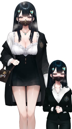 (fullbody:1.4) , highheels ,  1girl , solo , black business suit skirt ,  orgasm  , heavy breasts , soft white breasts, (sagging breasts:0.9) , blackhair , elegant , Yandere, weary, sick ,  dark circles , cool , cold , designer , fashion , sad , black mouth mask , loli ,  long-sleeved dress, cold fever , warm ,  thigh , bag ,  standing , vtuber, virtual youtuber, white background , simple background , blush , heat , heart crystal hair ornament , off shoulder