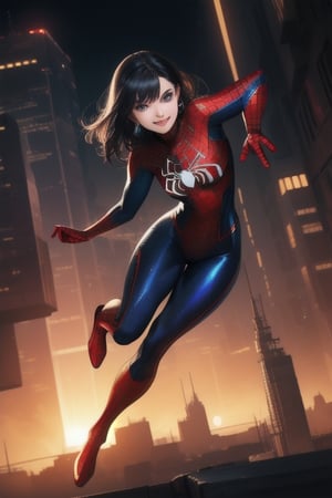 a Spider-Woman, peerless beauty, beautiful face, beautiful eyes, smile with an expression full of yourself, Spider-Man Bodysuit, full body, highly detailed, accurate image, with a focus on the suit's intricate details and design elements, dynamic lighting, shading to bring out the metallic sheen of the suit, a confident and powerful pose, a futuristic cityscape, intergalactic backdrop, sci-fi atmosphere, 1 person, 8K, masterpiece, high quality, ultra-fine,masterpiece