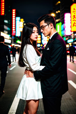 two people walk a distance but glance at each other in Tokyo, an Asian man wear glasses and black suit walks gracefully, attracting the attention of a beautiful Japanese woman who is mesmerized by the scent of cologne passing by. The surrounding environment is illuminated by the soft light of Tokyo lights creating a romantic and enchanting atmosphere. Japanese women standing in the shadows, watching Asian men with curiosity and admiration. Japanese woman wearing a slim fit skirt, Taken by Rankin with a Canon EOS R6 camera and 35mm lens, the lighting includes the warmth of Jakarta's city lights, adding a touch of cinematic appeal to this urban encounter, a realistic romantic atmosphere,girl