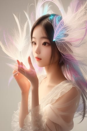 A 20-year-old Taiwanese girl, with a real face, flowing gauze clothes, waving colorful luminous A 20-year-old Taiwanese girl, with a real face, flowing gauze clothes, waving colorful luminous feather fractal patterns in her hands, no shoes and bare feet, beautiful posture, super high quality, delicate light and shadow, watercolor, extremely luminous bright design, Soft colors, 3D rendering, ultra-wide angle view, 8K
