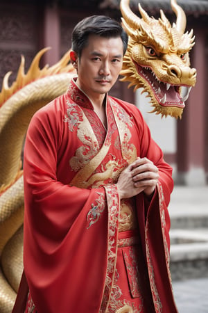 full body shot. Chinese style, An ultra real full body photo of a middle aged man, (show hands together to respect), with a big dragon. Short dark hair. Wearing an elaborate and red highly detailed dress with a wide neckline, ultra close macro details, ultra contrast, ultra decoration. Intricate details of her beautiful eyes and her perfect face.