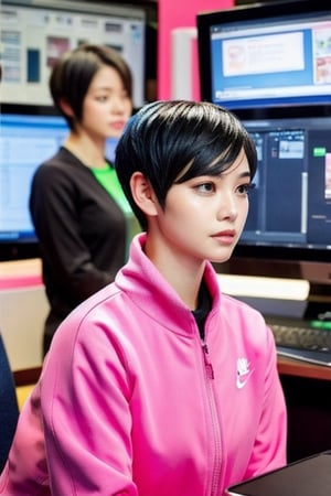 A beautiful Korean-Thai woman wears pink jogging suits and a matching Nike logo on her work suit. She had pretty headphones around her neck, wearing pink and gold headphones. She is typing on the computer on the table. For some books and stationery The computer will display her Facebook profile with the username 'Karen Showell' in cool fonts. with profile pictures of Asian people Wear a black and blonde pixie cut. which corresponds to the woman covering the background.