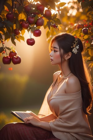 Full length front view of a beautiful Thai-Korean woman sitting under a large apple tree. She is intently watching a red apple falling beautifully from the tree, floating in front of her for a moment before slowly falling onto her notebook. As she looks at the apple curiously, the background is a quiet garden with rolling hills to the east. Very realistic digital painting. UHD 124K 880DPI. Beautiful oil painting. Full length portrait of a beautiful young woman. Oil painting.