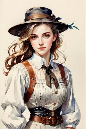 Watercolor painting portrait, style by Pajaritito, Manzanillla. 1girl, steampunk girl, solo,  black ridding hat, button-up Gibson girl blouse, brown tail waistcoat, satin & lace wrist cuffs, brown Jodhpurs pants , Bosc leather heel-high ridding boots, grey eyes, pale skin, look at viewer,dripping paint