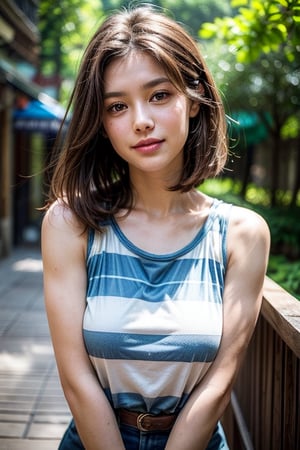 woman. She has shoulder-length brown hair and is wearing a blue and white striped sleeveless top. She is looking directly at the camera with a slight smile on her lips. The background is blurred, but it appears to be an outdoor setting with greenery. The lighting is soft and natural, highlighting the woman's features.