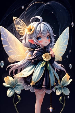 a high definition image of morning scenery where a long gold haired fairy with blue eyes and a beautiful gossamer wings ,with  a cute skunk are under a transparent poppy flowers in a crystal style art, fairy is looking up the dew drops from the colorful sacred poppy petals , black background with words on the top “Have a nice days“