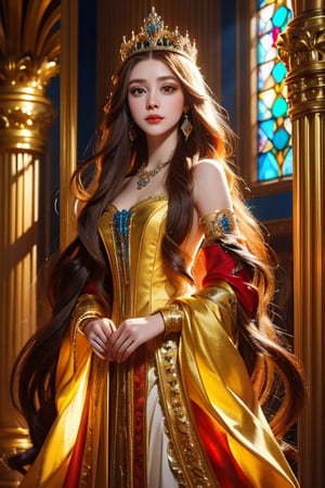 A photorealistic depiction of a fantasy princess, adorned in an elaborate gown with intricate embroidery and gemstones, wearing a crown encrusted with jewels, standing in a grand palace hall with stained glass windows. Soft sunlight filters through the glass, casting colorful patterns on the marble floor. The princess's expression is serene, with long flowing hair cascading over her shoulders. Background features ornate columns and a distant throne. Created Using: ultra-detailed rendering, cinematic lighting, renaissance art inspiration, Canon EOS R5, high contrast, vivid colors, baroque influences, delicate shadowing, hd quality, natural look, (best quality:1.3), photo-realistic, highly detailed, high resolution RAW photo, film grain