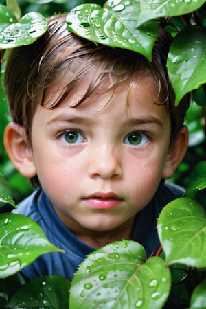 Close-up of a little boy cleverly hiding among dark green leaves. The leaves and roses are brightly colored and have delicate veins. The cute little boy's wide, alert eyes peer through the gaps between the leaves, which are greeted by soft, diffused light. The drizzling rain leaves tiny water droplets on the trees, adding to the peaceful and mysterious atmosphere. Very realistic digital painting. UHD 124K 880DPI. Beautiful oil painting. Full length portrait of a beautiful young woman. Oil painting.