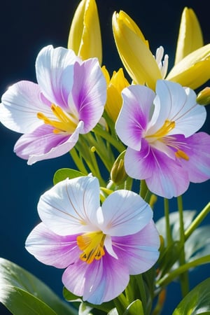 Close-up photograph of two attractively colored freesias flowers. Delicate, thin petals change color from light blue at the edges to bright pink, light purple and ending with yellow in the center.The stamens are exposed to sunlight at the center. Green leaves, long green stems. The petals are delicate and almost completely translucent. Large dewdrops adorn each petal, giving it a refreshing look. dark background.