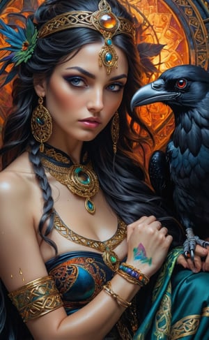 close-up, focus, best, mystery, crazy details, complex composition, Goddess from Celtic mythology, with a raven perched on her hand, rich colors, sci-fi, dynamic lighting, full body portrait, woman, radiant and beautiful eyes, dressed in traditional Celtic attire adorned with jewels and symbols, Ink, pastel, mysterious atmosphere, complex embroidery, portrait, fine brushwork, frontal composition, pale Watch dynamic footage of black ink flowing: Photorealistic masterpieces in 8k resolution: Aaron Hawkey and Jeremy Mann: Intricate fluid gouaches: Jean Bart tiste monger: Calligraphy: Cene: Colorful watercolor art, professional photography, natural light, volumetric light maximization photography Image: by marton bobzert: 8k resolution concept art intricate, elegant, vast, fantasy, psychedelic realism, octane render, dripping paint, nightmare flames, eye details, cinematic, 
