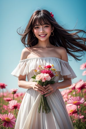 A mesmerizing illustration captures a A cheerful smiling woman laughing, a 24-year-old Wallpaper,Create Full body a beautiful woman and serene artwork.( smile) Depict a person with  bangs  hair, brown eyes wearing a white off-shoulder top, and holding a bouquet of white and pink and red Cosmos.
Use a soft, muted blue background to complement the serene mood of the image. oil painting style.