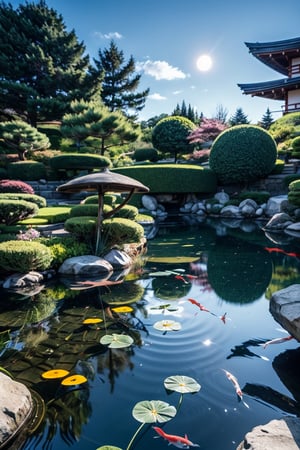 Create an image of a full, white moon in the sky, reflecting down on the surface of a pond in a Japanese garden with rocks and koi fish swimming around, which reflects light very well. The image of the full moon reflects off the water in the pond perfectly. The water in the pond also reflects the blue sky and cumulus clouds, creating ripples in the pond.