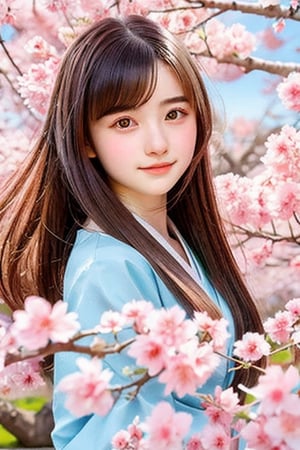 A 16-year-old Japanese beauty,in the sakura flowers.Turn slightly