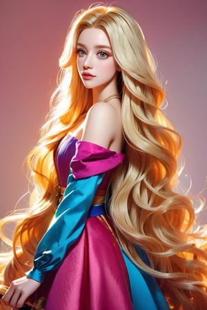 Fashion illustration featuring a blonde one woman with long, flowing hair styled in loose waves. She is wearing an elaborate, floor-length gown with a voluminous skirt. The dress is a patchwork of various colorful patterns and images, including illustrations of different female characters and the word 'Barbie' in a playful, cursive font. The top of the dress is strapless and fitted, transitioning into the wide, layered skirt. The woman is depicted in a side profile, holding a small object near her lips, possibly a makeup item. The background is plain white, emphasizing the vibrant colors and intricate details of the dress., painting, 3d render, vibrant, poster, portrait photography, photo, conceptual art, illustration