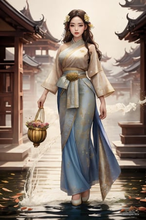 Elegant young girl walking in Thai temple with high heels People around play splashing water during Songkran Award-winning, hyper-realistic, full-body photography, seductive Thai girl holding a garland and a golden water bowl, gorgeous black Hanfu with gold patterns, glittery eye makeup, stylish long hair, Expressive eyes, almond-shaped eyes, profound face, symmetrical face, perfect model body, big breasts, photo_b00ster,