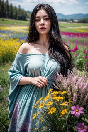 painting of woman with  long black hair, posing amidst wildflowers. surrounded by vibrant colors and shapes that create depth and texture. The artwork has a soft pastel color palette, giving it a dreamy quality. airbrushed oil painting