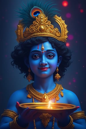 The image hindu god krishna in traditional Indian attire. He is wearing a golden crown with intricate designs and a peacock feather on top. The man has small dark hair and is smiling at the camera. He has a gold necklace and earrings, and is holding a big plate shining in wear his one finger on the right hand. The background is a dark blue with a hint of purple, giving the impression of a starry night sky light blue body colour full hd.
Ai Image creator image