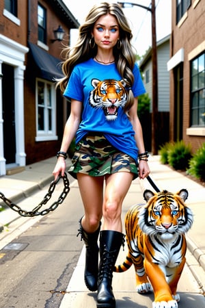 hyper realistic female caricature, long dark tousled hair, blue eyes, hoop earrings, camo tshirt and skirt, knee high boots, walking two hyper realistic tigers down the street on chain leashes