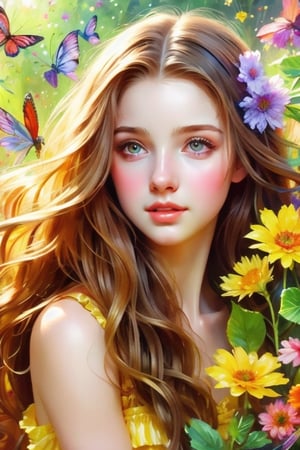  fantasy realistic art, beautiful young woman , cute face , long blowing hair full with summer flowers , wearing long yellow summer dress covered with flowers and butterflies , symbol of nature , greenery around visible ,  sunny day , precise details of painting, oil paints and alcohol inks, high resolution, 8K