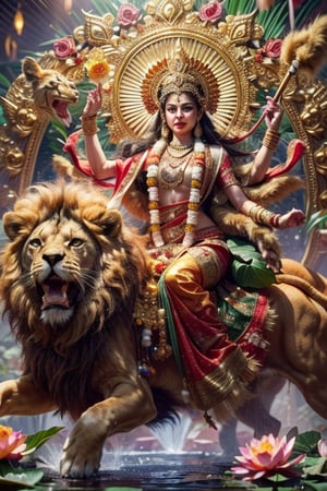 Prompt - Hyperrealistic portrait of Goddess Durga riding a lion, adorned in opulent gold jewelry and a vibrant red saree, holding a Trishul, surrounded by lush foliage and falling lotus flowers, intricate details, 8k resolution, artstation trending, cinematic lighting, style of Ravi Varma and contemporary digital painting.
