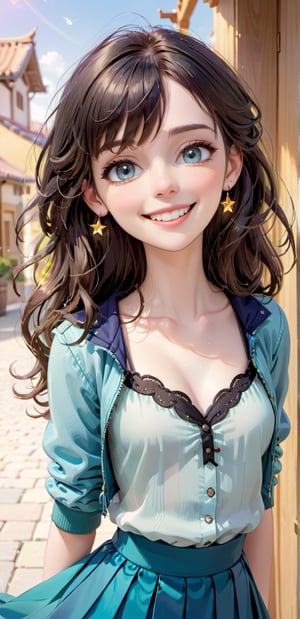 Beautiful, soft light, (beautiful and delicate eyes), very detailed, pale skin, big smile, (long hair), dreamy, medium chest, female 1, ((front shot)), bangs, soft expression, height 170, elegant , Bright smile, 8k art photo, photorealistic concept art, realistic, person, small necklace, small earrings, fantasy, jewelry, shyness, dreamy soft image, masterpiece, ultra high resolution, skirt, shirt, jacket, color , (both eyes (winds gently), (raises head slightly and looks immersed in happy thoughts),colorful,photo r3al