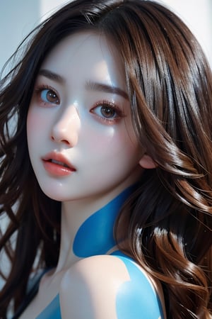 
"A hyper-realistic and surreal portrait of a young Japanese woman with delicate facial features and smooth, pale skin. She has bright brown eyes and soft, slightly parted lips painted in a natural rosy color. Her wet hair clings to the sides of her face, accentuating her vulnerability and ethereal appearance. On the right side of her face, abstract, fragmented blue paint strokes appear to emerge from and blend into her skin, creating a dynamic contrast with her smooth skin. The background is softly blurred with cool tones of blue and brown, evoking a dreamy, otherworldly atmosphere. The lighting is soft, gently illuminating her face and casting subtle shadows that emphasize her facial structure."