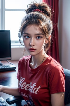  Hyperrealistic portrait of Create a
Realisti, 3D image of Create lifelike images with high-definition details in 8K UHD. 
A beautiful woman with a rainbow updo hairstyle and blue eyes Wearing red T-Shirt that says, "CANT TOUCH THIS!", she's sitting at a computer desk in her bedroom. airbrushed oil painting

