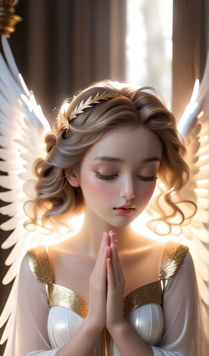 eyes closed looking upside, praying hands, beautiful angel wiht large wings, perfect hands, perfect fingers, (best quality, 4k, 8k, highres, masterpiece:1.2), ultra-detailed, (realistic, photorealistic, photo-realistic:1.37), cinematic, inner glowing shining, transparent body, beautiful detailed eyes, beautiful detailed lips, extremely detailed eyes and face, long eyelashes, soft flowing hair, graceful pose, ethereal atmosphere, soft ambient lighting, subtle color grading, sublime beauty, sublime beauty, ethereal background, captivating aura, magical scene, gentle mist, serene environment, surreal ambiance, impeccable composition, vivid colors, luminous glow, fantasy element, mysterious charm, dreamlike quality, hauntingly beautiful, peaceful expression, serene atmosphere, effortless elegance, enchanting allure, mesmerizing presence, sublime grace, angel wings, transcendent beauty, dinamic pose, cinematic