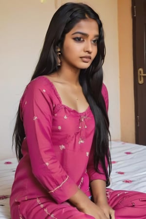beautiful cute young attractive indian teenage girl, village girl, 18 years old, cute, Instagram model, long black_hair, colorful hair, warm, dacing, in home sit at Bedroom, indian.kar