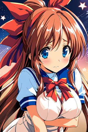 1girl, solo,Kanzaki Aoi_HCG (TRUE BLUE)

orangered and Long Hair, big Red Ribbon hairband on back of head,

Big eyes, Blue Eyes,

big_boobies, 

school_uniform, kita_high_school_uniform,

 from above, leaning forward

closed mouth, very shy expression,  Blush,



starry_background,
close-up, upper_body, 
illustration, detailed, best quality, 
depth of field, expressive, Official Art, illustration, 



,Kanzaki Aoi_HCG (TRUE BLUE)