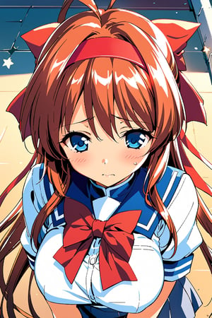 1girl, solo,Kanzaki Aoi_HCG (TRUE BLUE)

orangered and Long Hair, big Red Ribbon hairband on back of head,

big_boobies, 

school_uniform, kita_high_school_uniform,

boot, 

 from above, leaning forward

closed mouth, very shy expression,  Blush,



starry_background,
close-up, upper_body, 
illustration, detailed, best quality, 
depth of field, expressive, Official Art, illustration, 



,Kanzaki Aoi_HCG (TRUE BLUE)