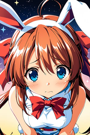 1girl, solo,Kanzaki Aoi_HCG (TRUE BLUE)

orangered and Long Hair, big Red Ribbon hairband on back of head,

Big eyes, Blue Eyes,

big_boobies, 

bunny_costume, bunny_ears

from above, leaning forward

closed mouth, very shy expression,  Blush,


starry_background,
close-up, upper_body, 
illustration, detailed, best quality, 
depth of field, expressive, Official Art, illustration, 



,Kanzaki Aoi_HCG (TRUE BLUE)