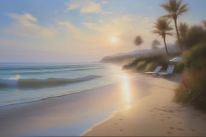 Realistic oil painting of a beach scene, with vibrant colors and intricate details, by Vicente Romero Redondo, (long shot), clear blue sky, soft lighting, capturing the beauty of nature.