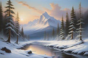 Oil painting of a snowy landscape, inspired by Jack London's novel "White Fang", realistic style, intricate details, soft lighting, by Thomas Moran and Frederic Edwin Church