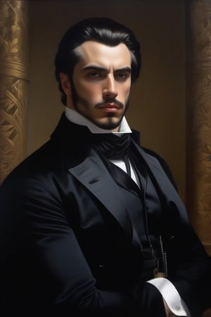 Highly detailed realistic portrait of a professional assassin,wearing a black suit , intense expression, by John Singer Sargent and Jean-Auguste-Dominique Ingres, oil painting style with intricate details and lighting, long shot 